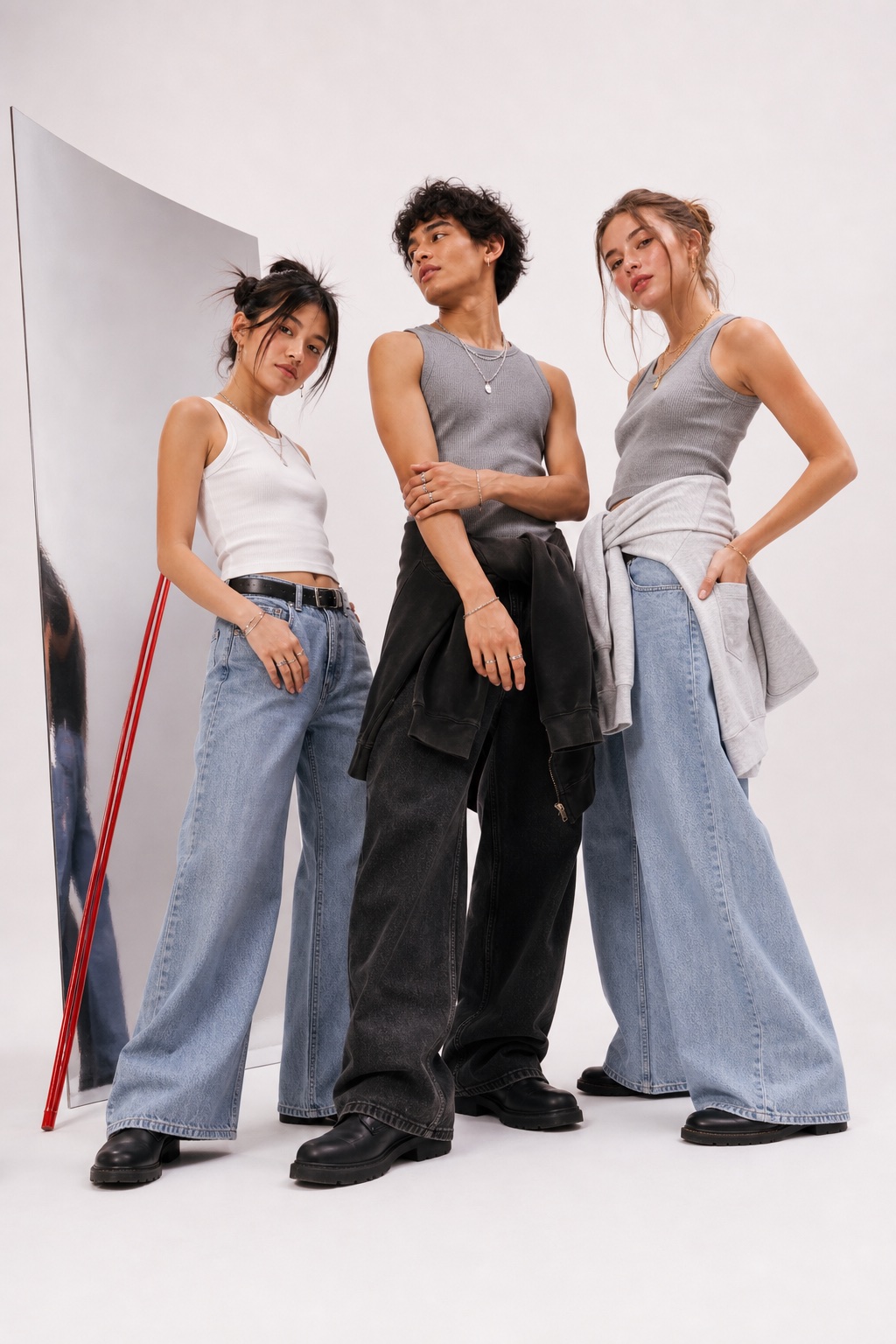 Three friends in a full-body Odd Crane jewelry editorial